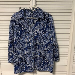 Ralph Lauren Blue and White Paisley 3/4 Sleeve Button Front Blouse 2X